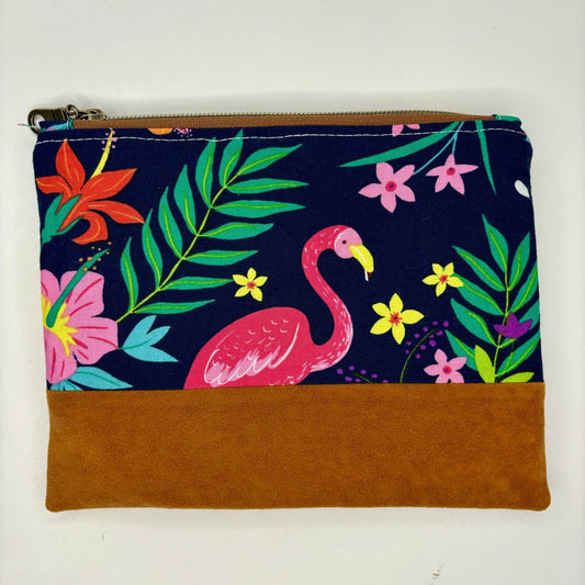 Flamingo Tropical flower bag, small zipper pouch, suede bottom, antique brass zipper - KLC by Karelyn D