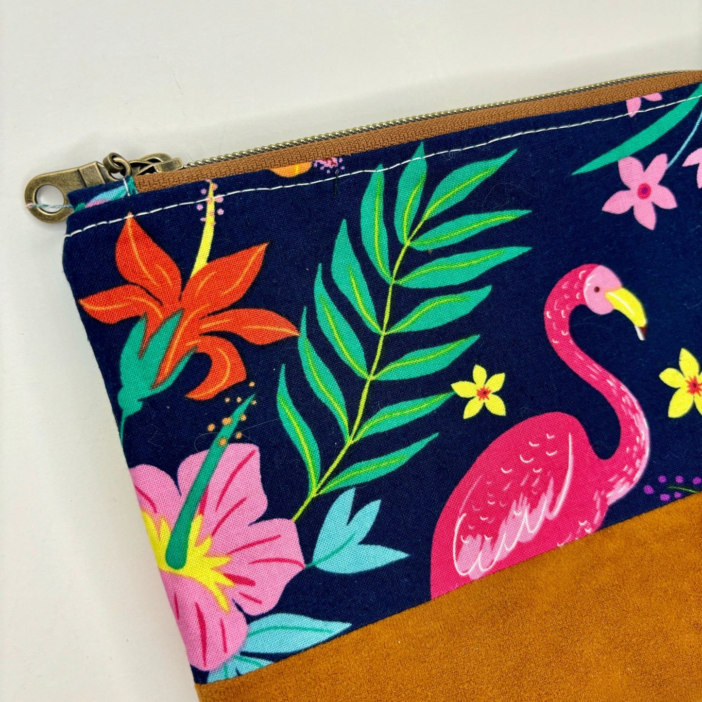 Flamingo Tropical flower bag, small zipper pouch, suede bottom, antique brass zipper - KLC by Karelyn D