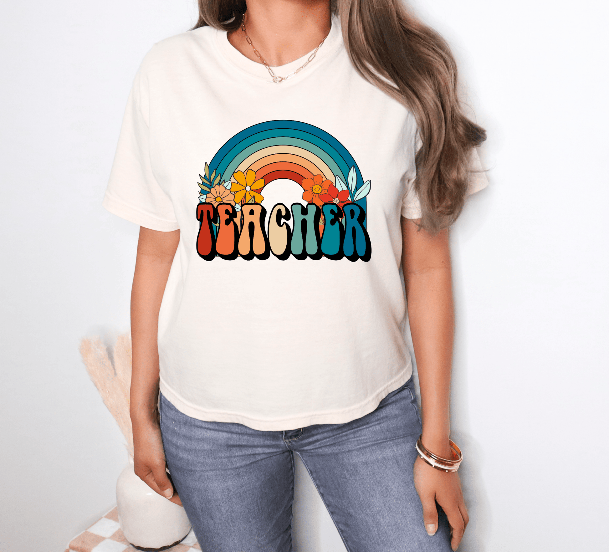 Groovy Rainbow Teacher T-shirt on Cream Comfort Colors, Teacher Apparel - KLC by Karelyn D