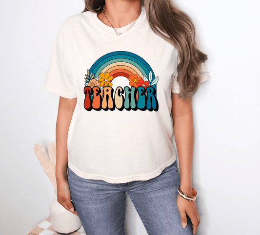 Groovy Rainbow Teacher T-shirt on Cream Comfort Colors, Teacher Apparel - KLC by Karelyn D