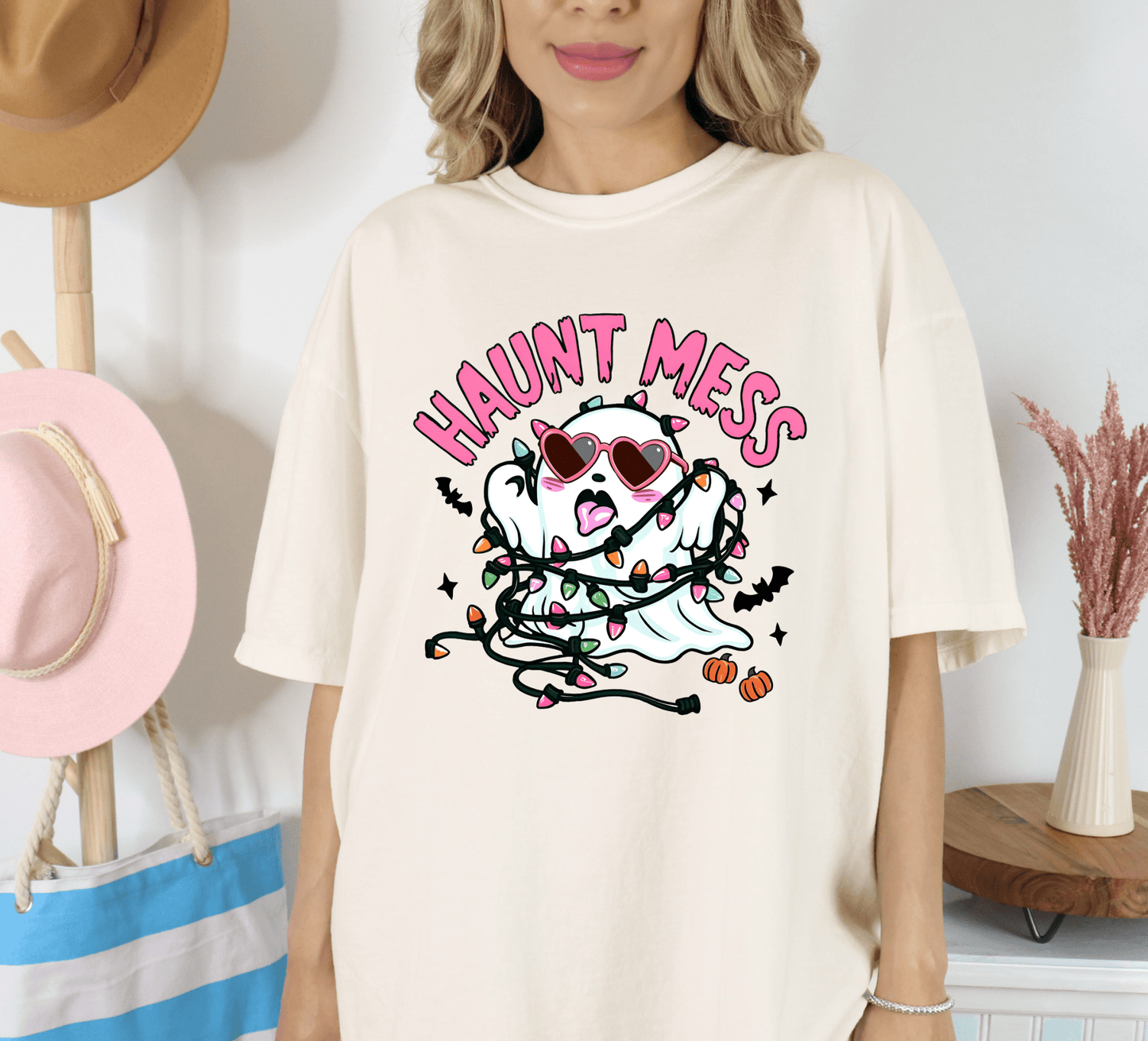 Haunt Mess ghost T-shirt on Cream Comfort Colors, cute ghost shirt, Halloween shirt, fall apparel - KLC by Karelyn D