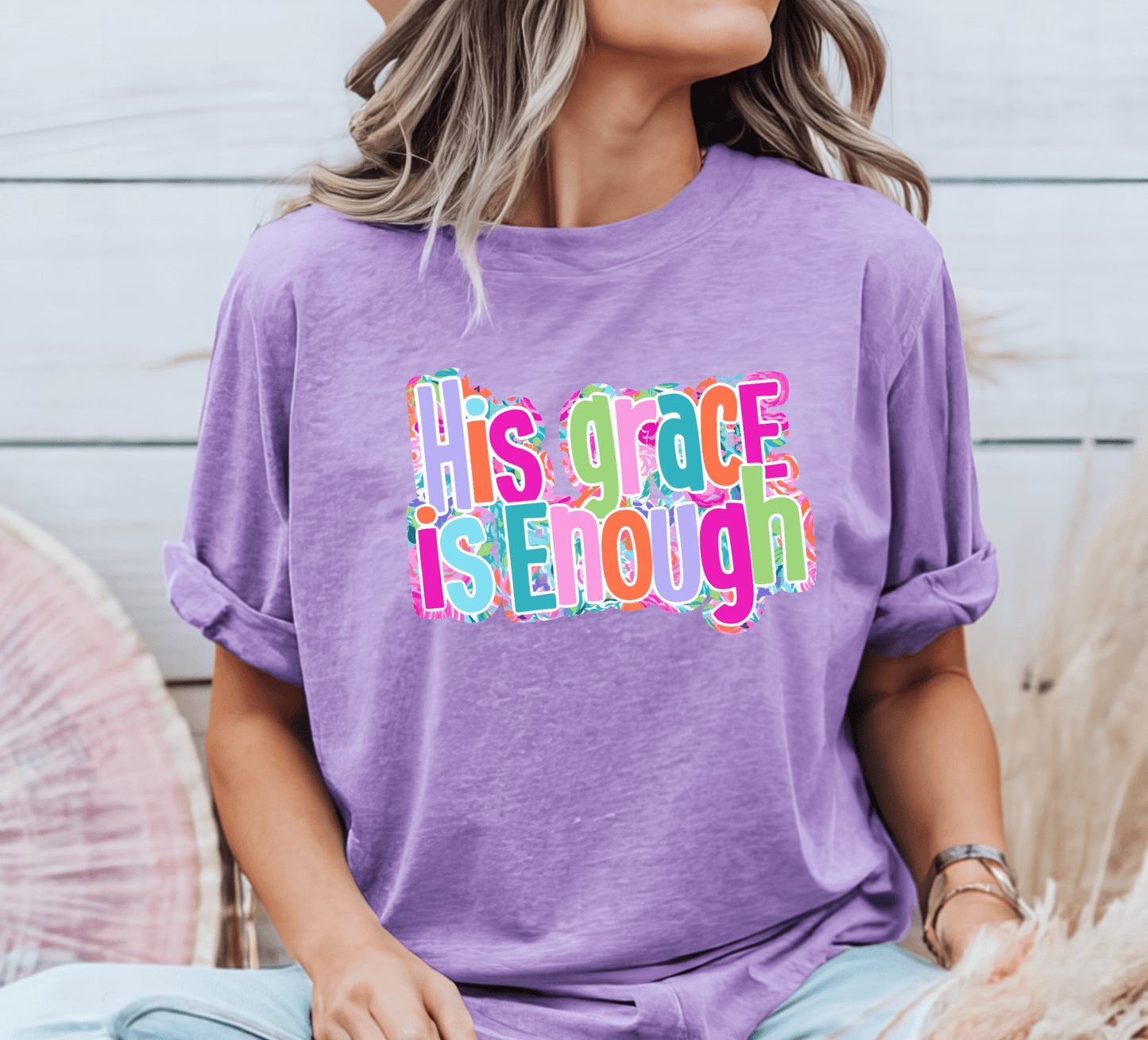 His Grace is enough T-shirt on Purple Comfort Colors, Girlie Apparel, Colorful Christian Tee - KLC by Karelyn D