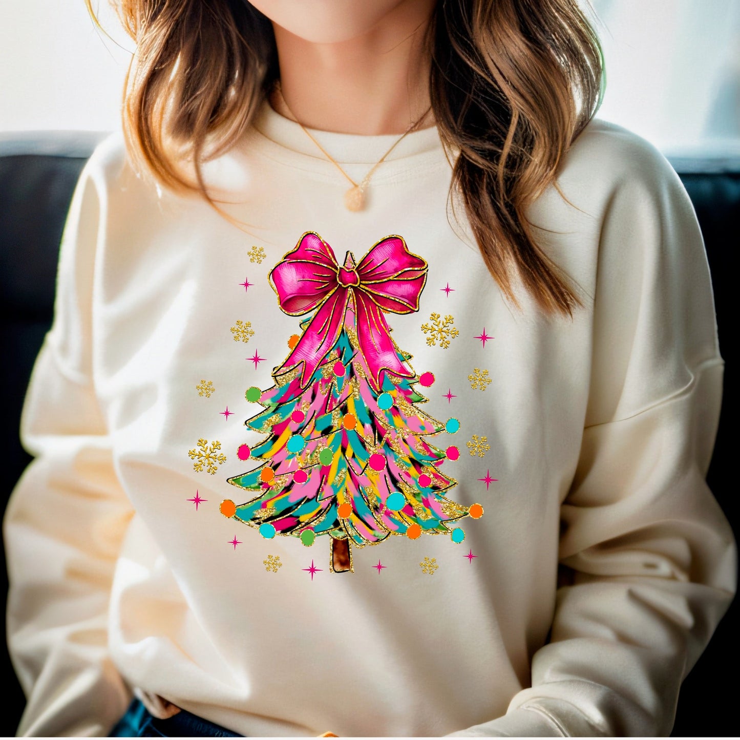 Hot Pink Bow Christmas Tree Sweatshirt - KLC by Karelyn D