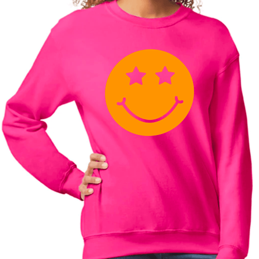 Hot Pink Happy Face Sweatshirt, Gildan Sweatshirt, hot pink with orange smile - KLC by Karelyn D