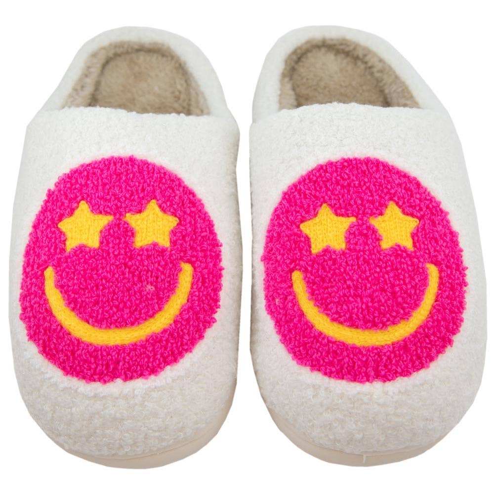 Hot Pink Star Eyed Happy Face Slippers - KLC by Karelyn D