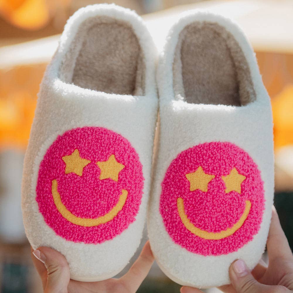 Hot Pink Star Eyed Happy Face Slippers - KLC by Karelyn D