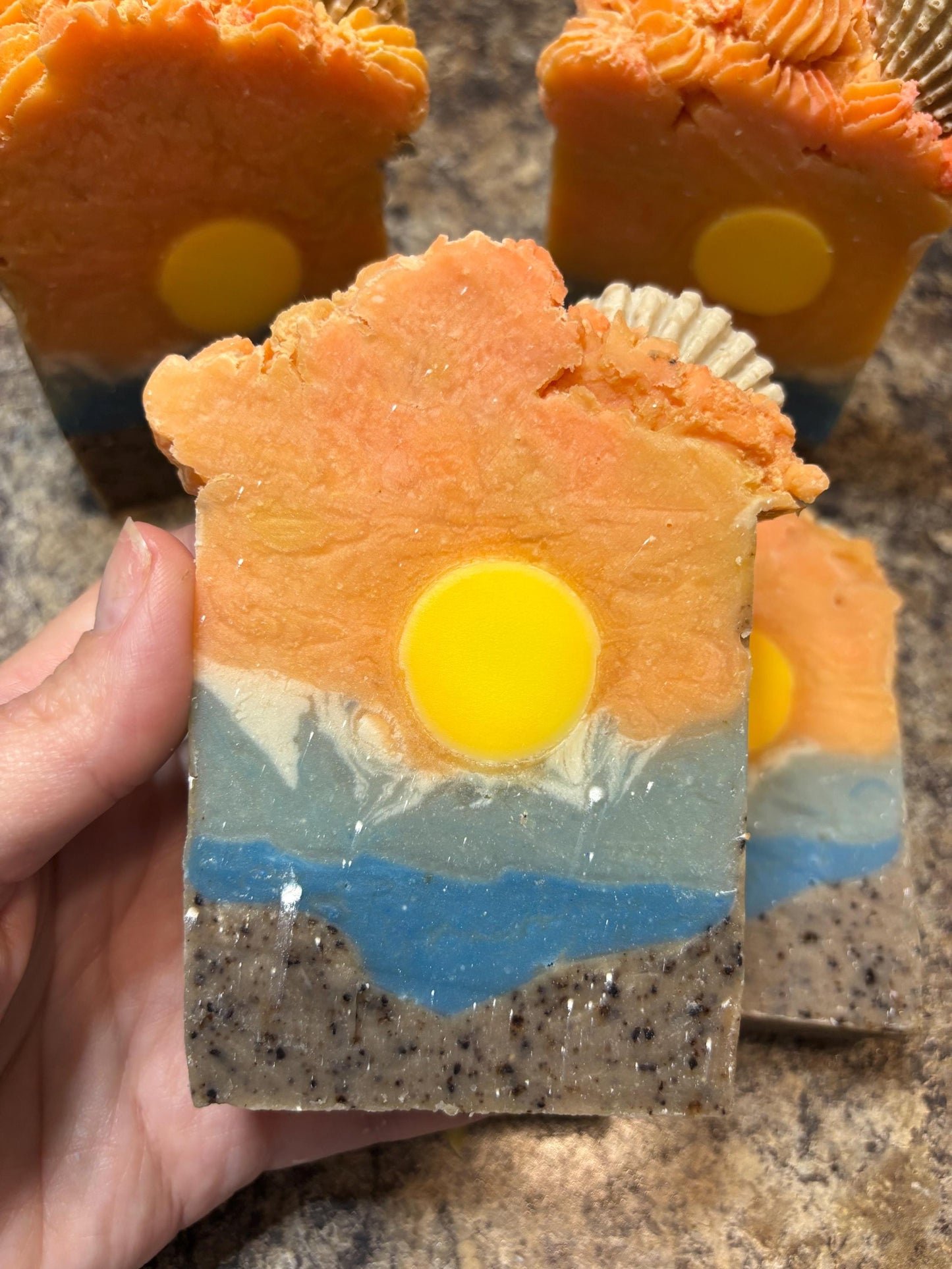 Sunset Artisan Soap: Pink Beaches Scent, Coffee Grounds, Seashell Embed