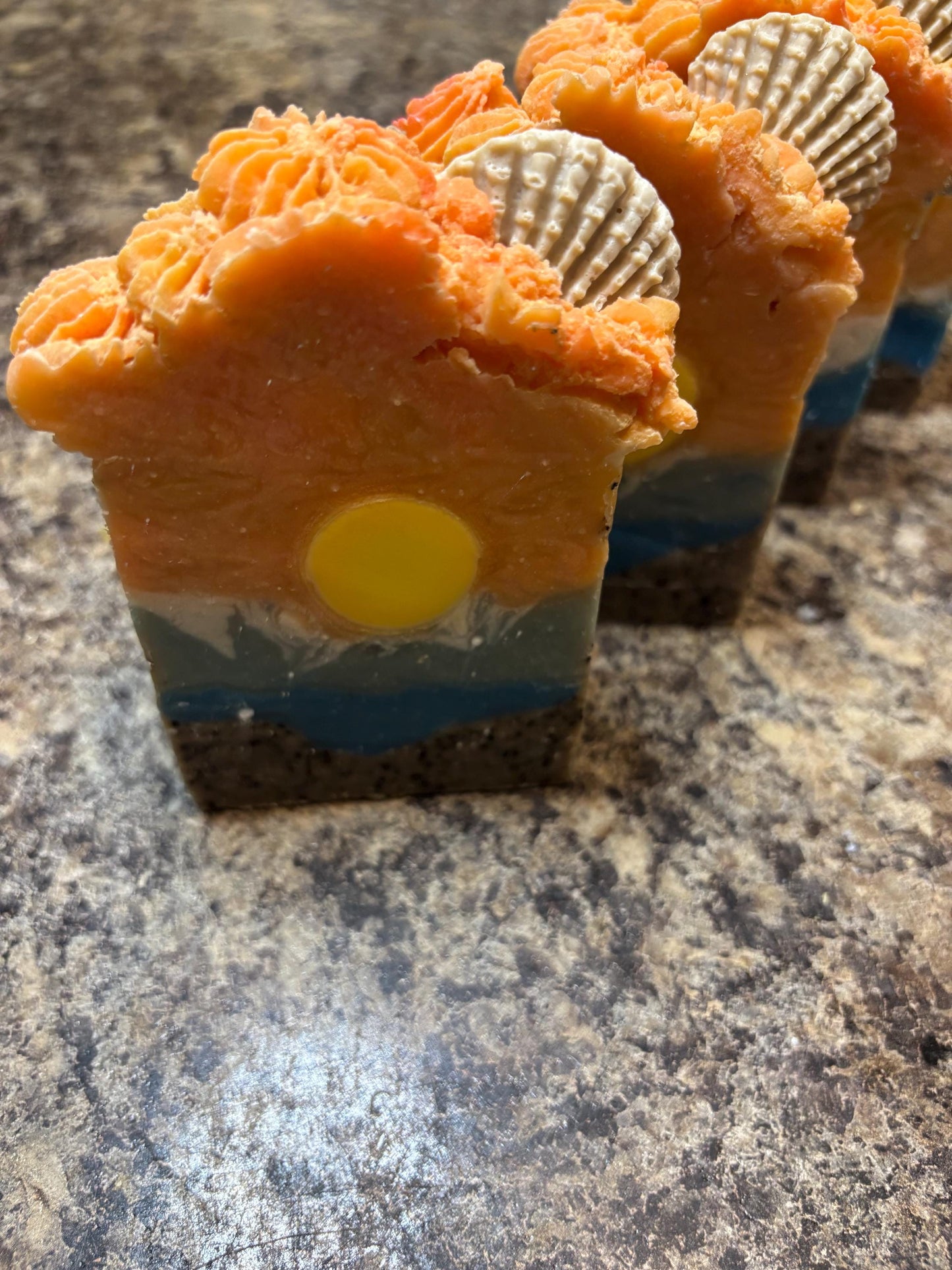 Sunset Artisan Soap: Pink Beaches Scent, Coffee Grounds, Seashell Embed