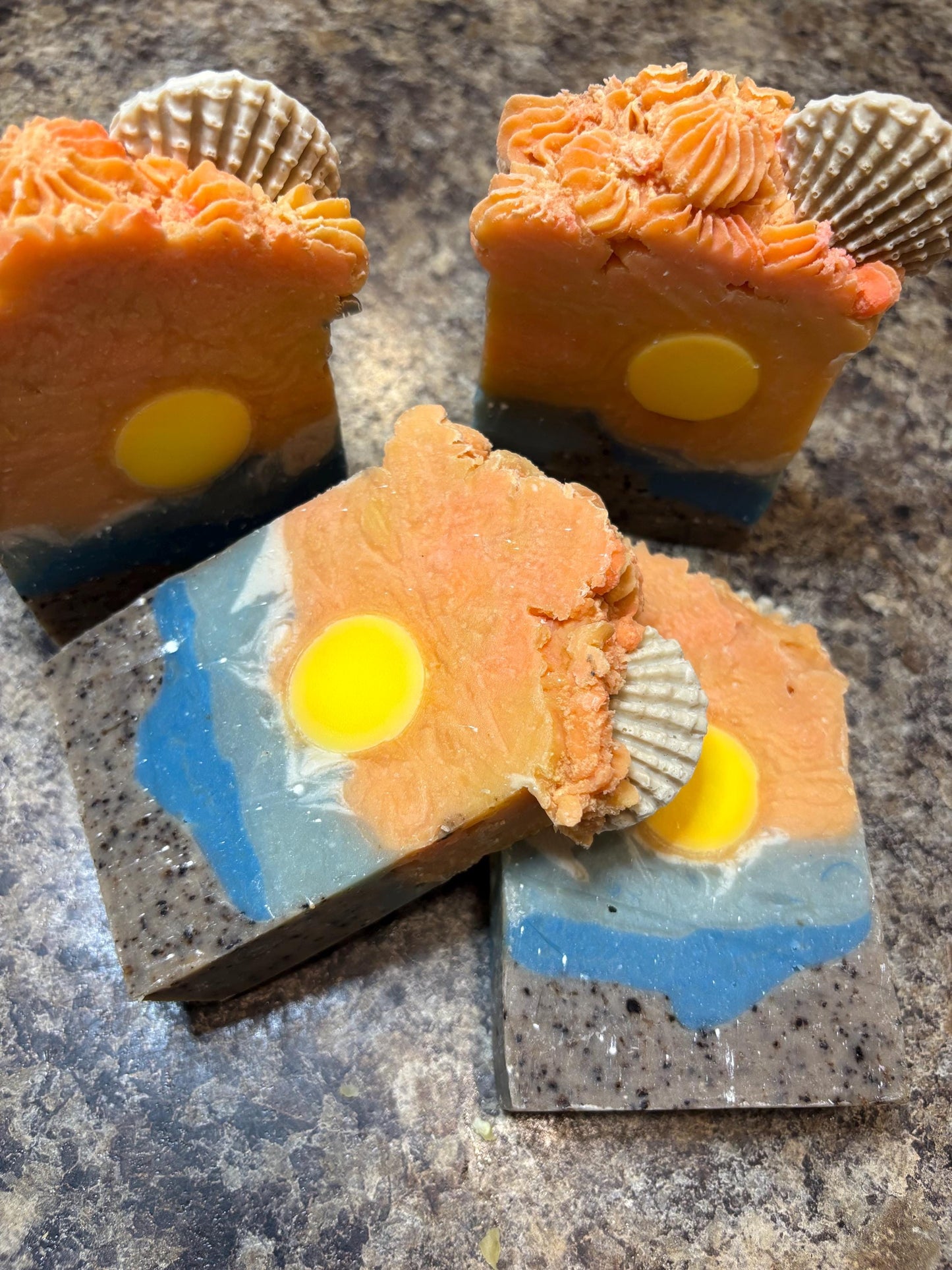 Sunset Artisan Soap: Pink Beaches Scent, Coffee Grounds, Seashell Embed