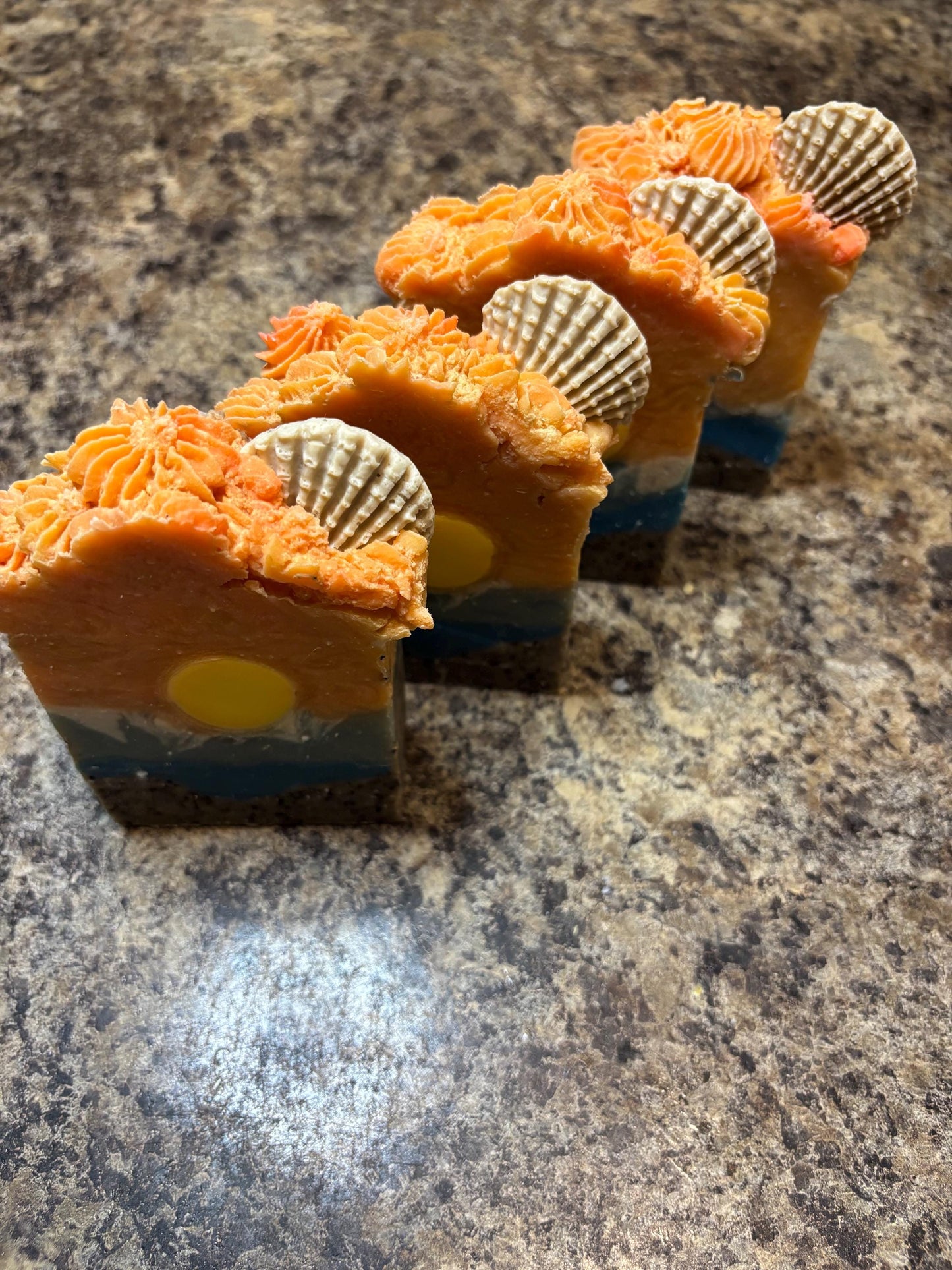 Sunset Artisan Soap: Pink Beaches Scent, Coffee Grounds, Seashell Embed