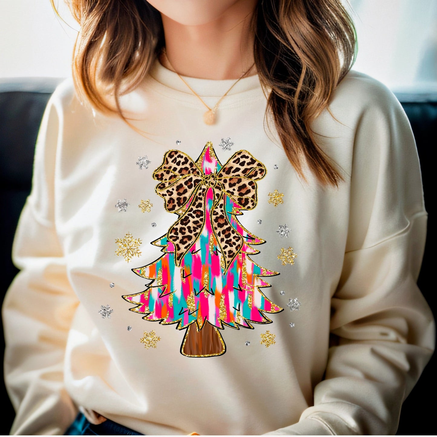 Leopard Bow Christmas Tree Sweatshirt - KLC by Karelyn D