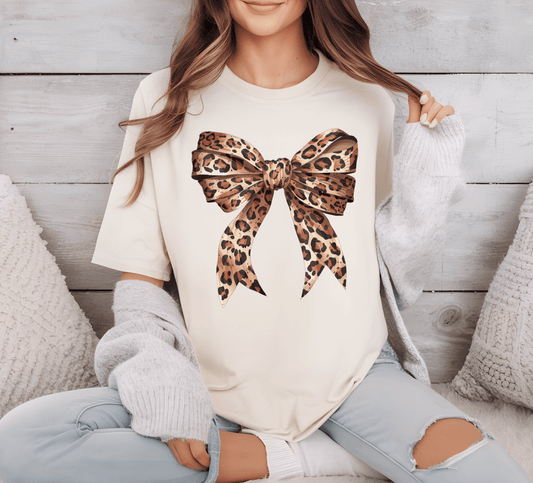 Leopard Bow on Ivory Comfort Color Tee, Leopard Coquette Bow Tshirt, comfort color t-shirt - KLC by Karelyn D