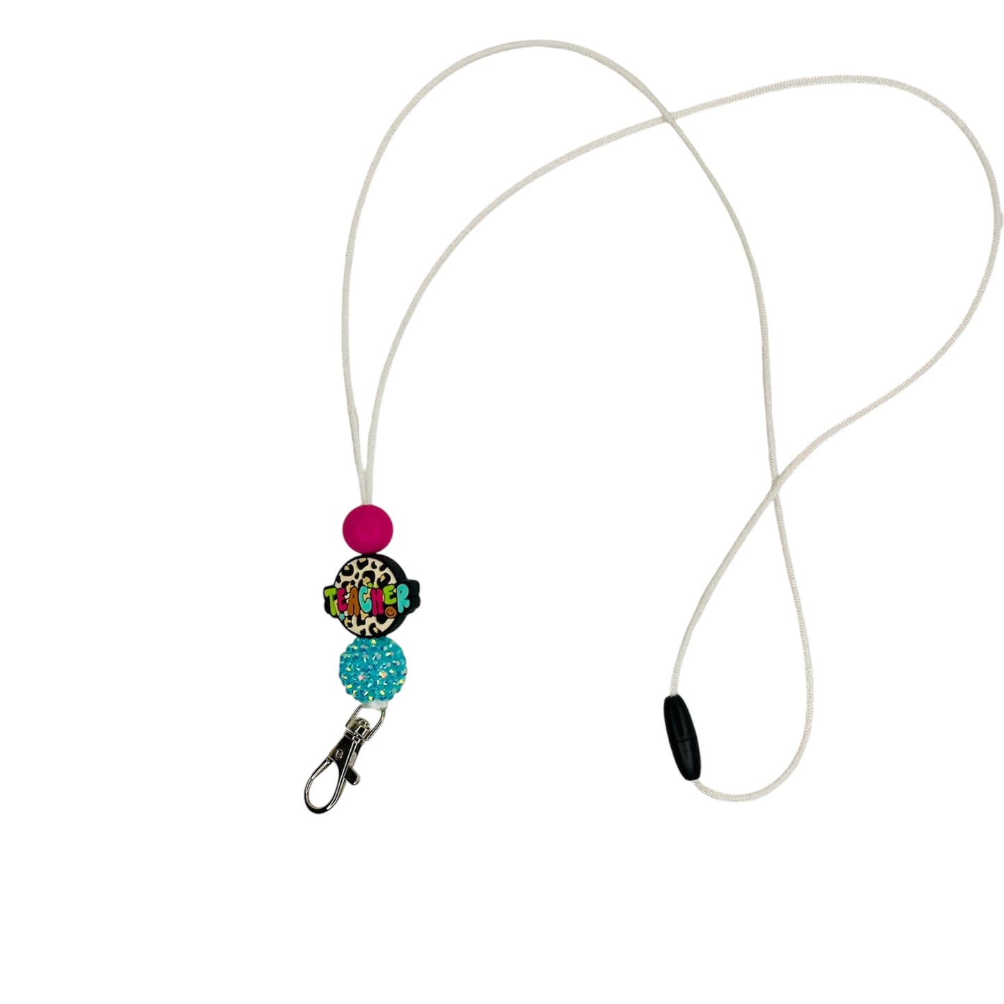 Leopard teachers lanyard with blue rhinestone bead, and leopard silicone bead teachers lanyard with breakaway class - KLC by Karelyn D