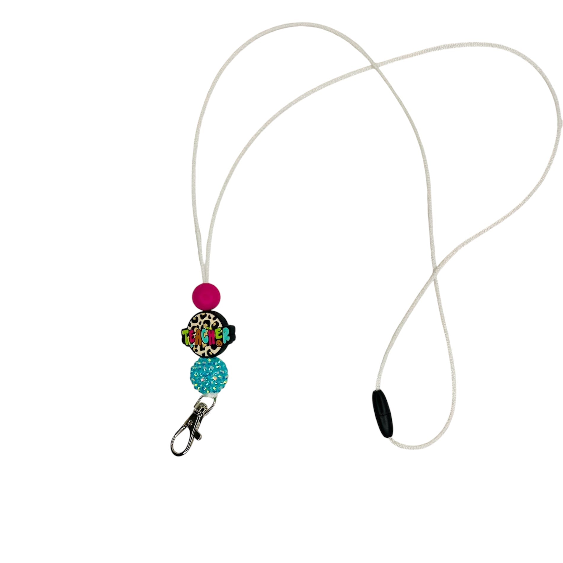 Leopard teachers lanyard with blue rhinestone bead, and leopard silicone bead teachers lanyard with breakaway class - KLC by Karelyn D