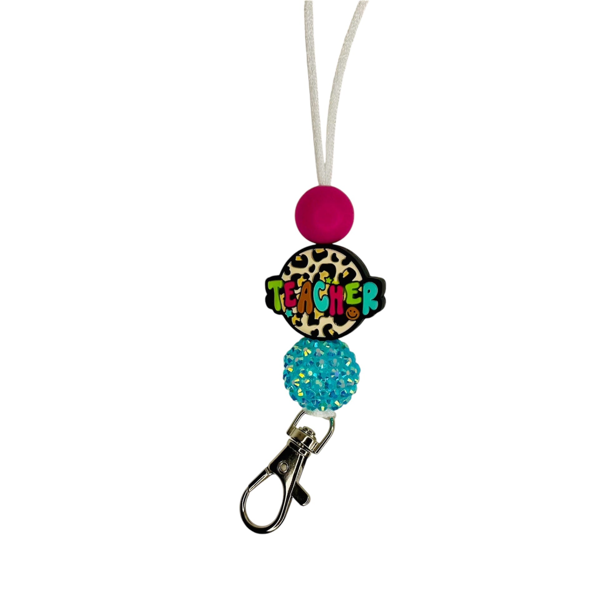 Leopard teachers lanyard with blue rhinestone bead, and leopard silicone bead teachers lanyard with breakaway class - KLC by Karelyn D