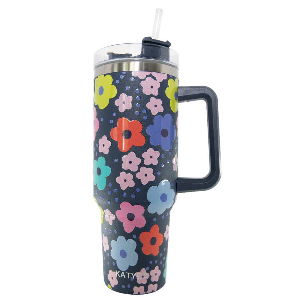 Navy Daisy Tumbler Cup with Handle - KLC by Karelyn D
