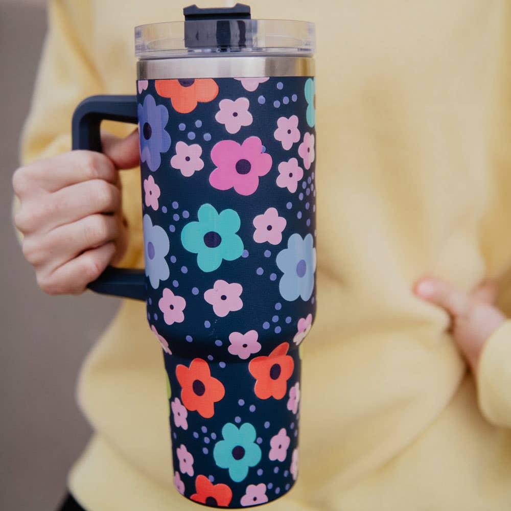 Navy Daisy Tumbler Cup with Handle - KLC by Karelyn D